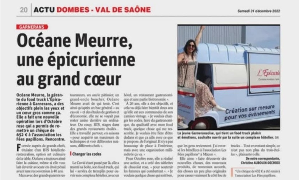 Coupure de presse titrée « Océane Meurre, une épicurienne au grand cœur », rubrique Actu Dombes – Val de Saône du 31 décembre 2022