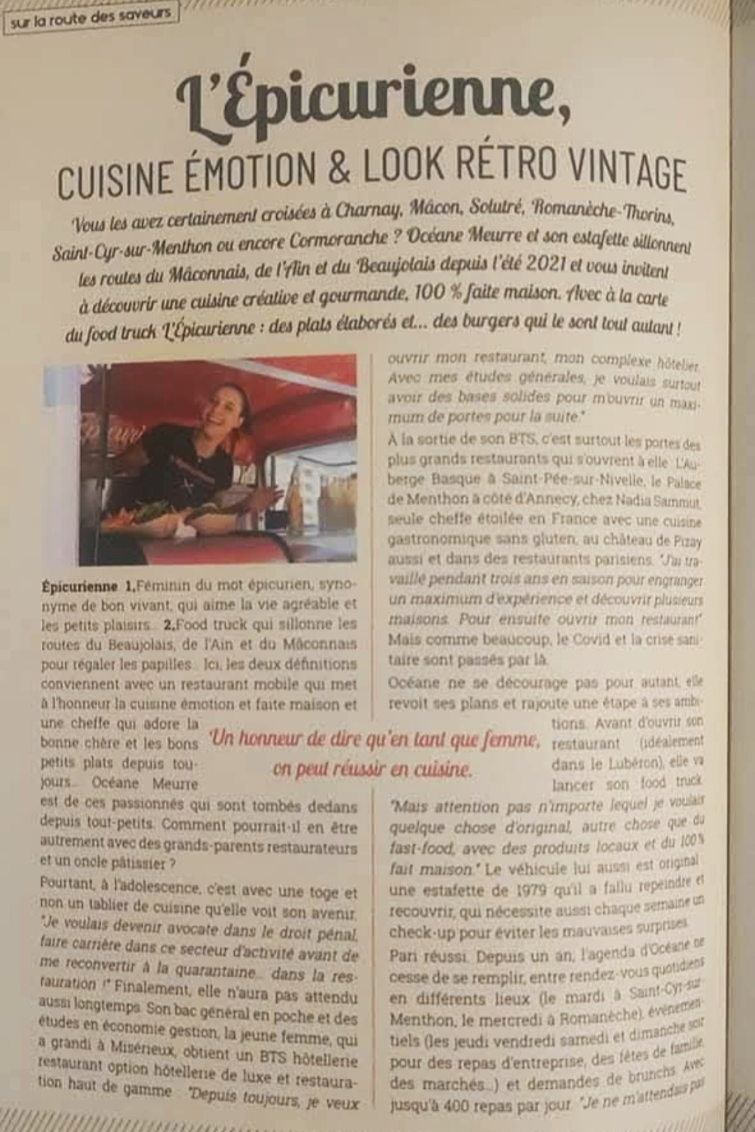 Article de magazine titré « L'Épicurienne, cuisine émotion & look rétro vintage », rubrique Sur la route des saveurs