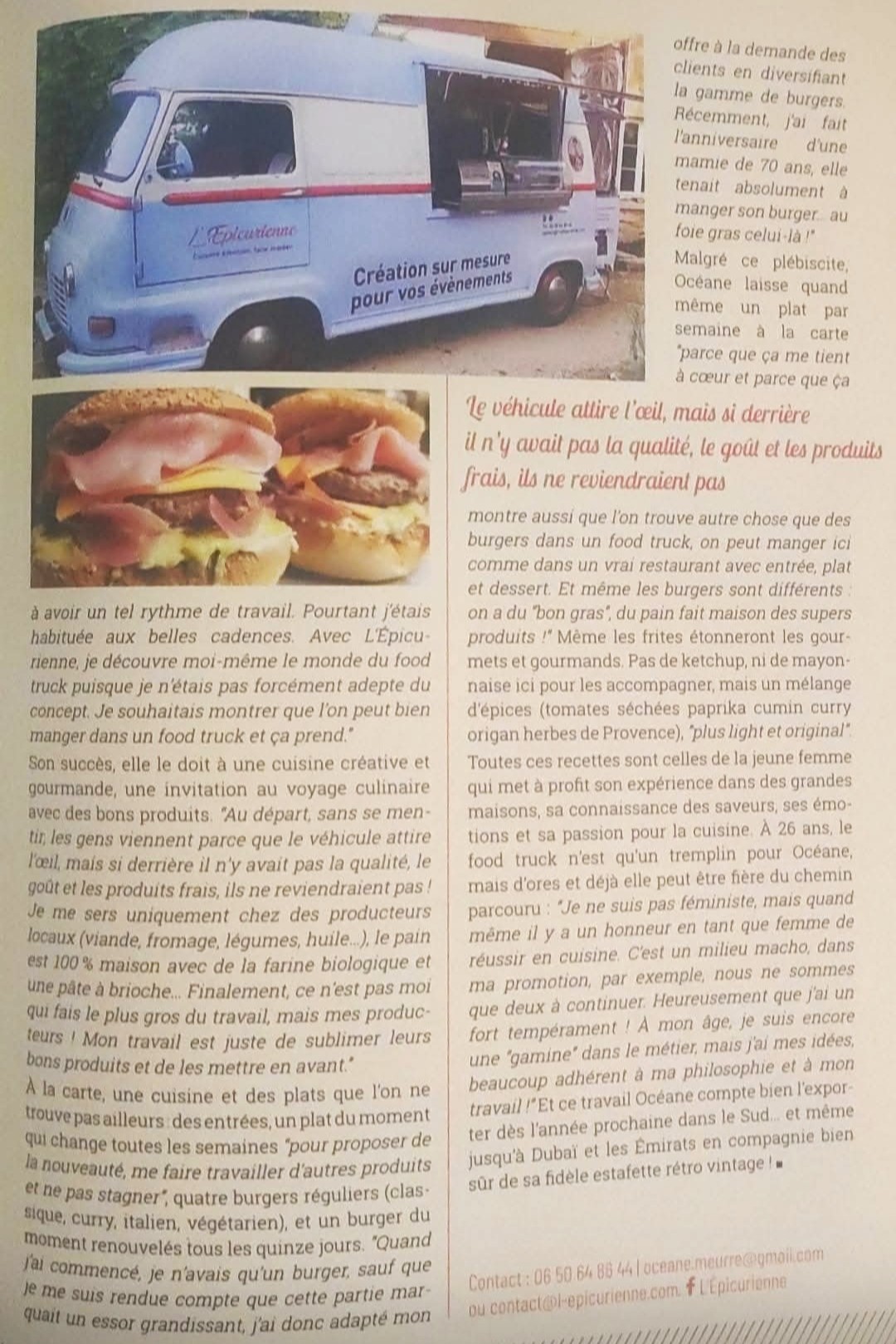 Suite de l'article Sur la route des saveurs, avec une photo de l'Estafette bleu clair et un gros plan sur deux burgers