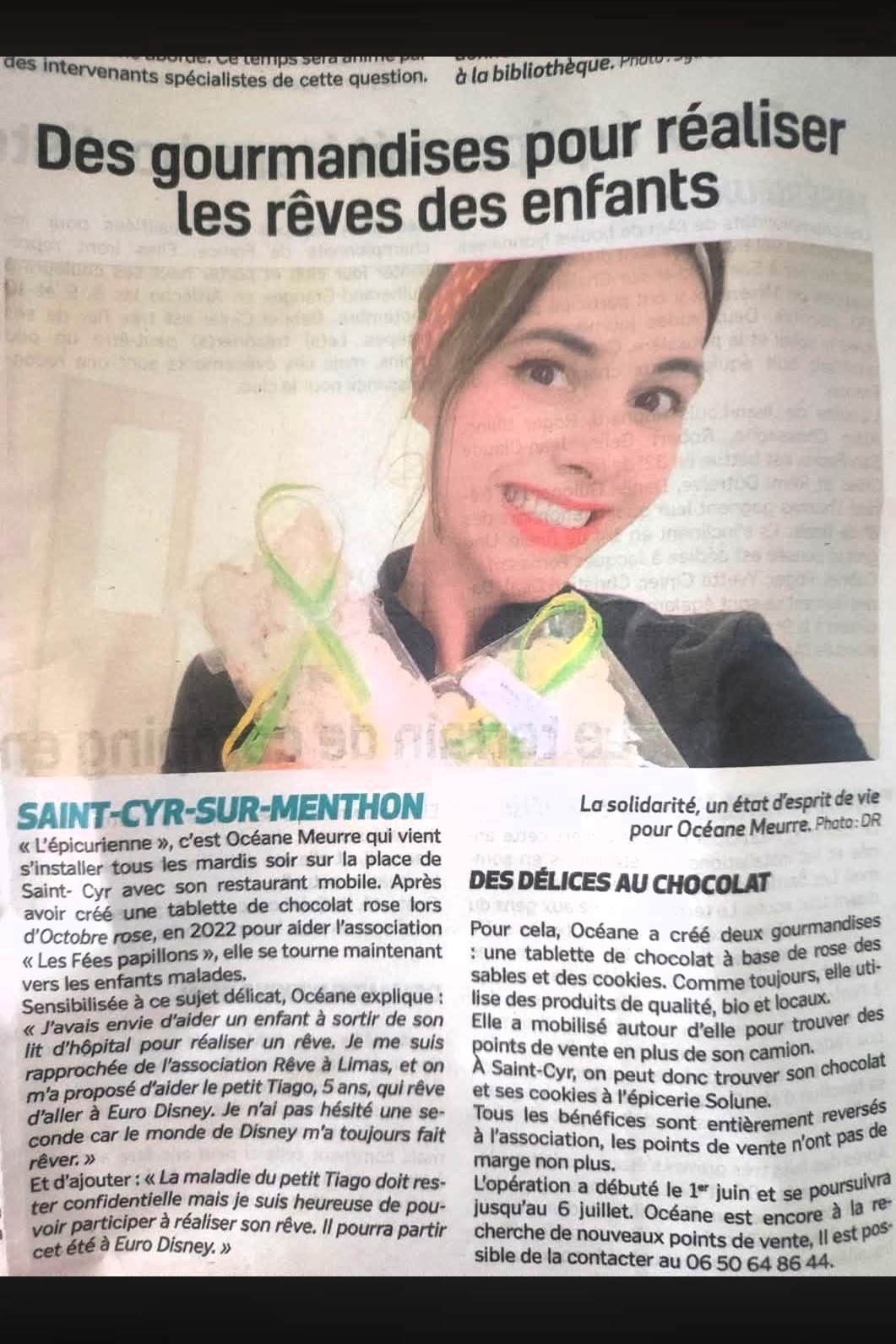 Coupure de presse titrée « Des gourmandises pour réaliser les rêves des enfants », consacrée à l'opération solidaire menée à Saint-Cyr-sur-Menthon